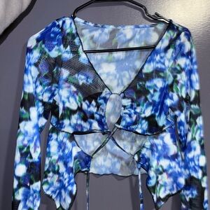 SHEIN Blue and White Floral Mesh Blouse